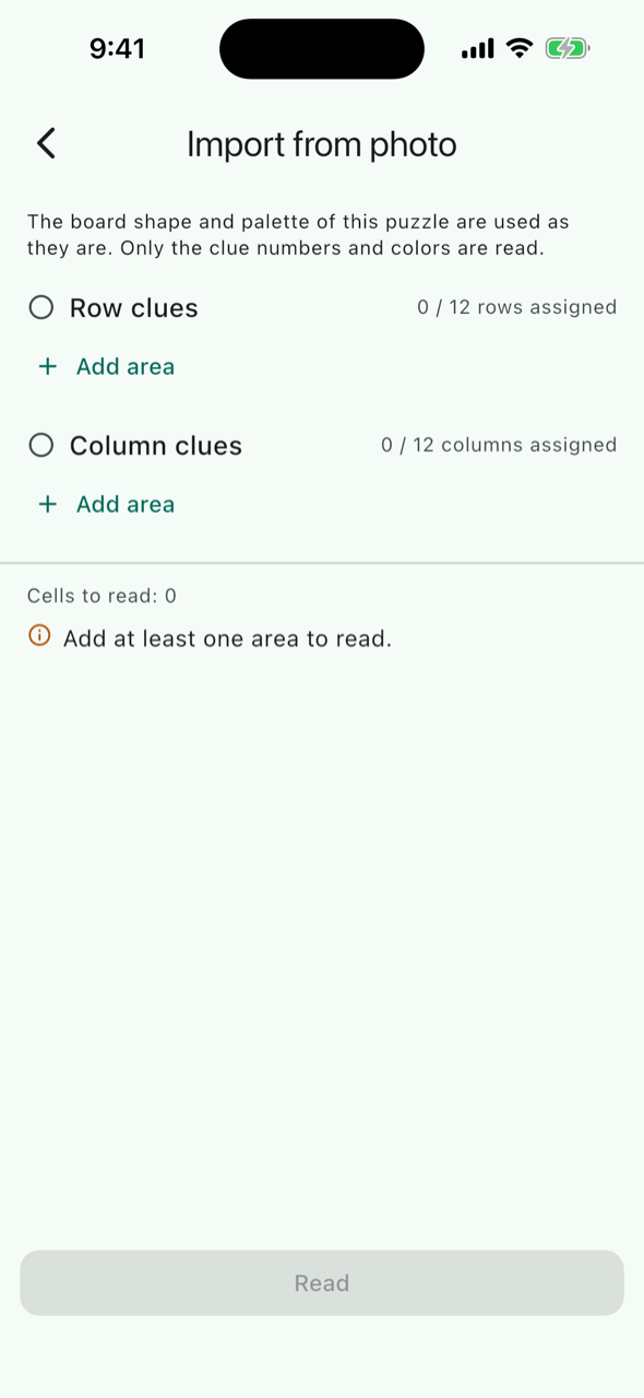 Import from photo screen. Row clues and Column clues blocks, each with an Add area button