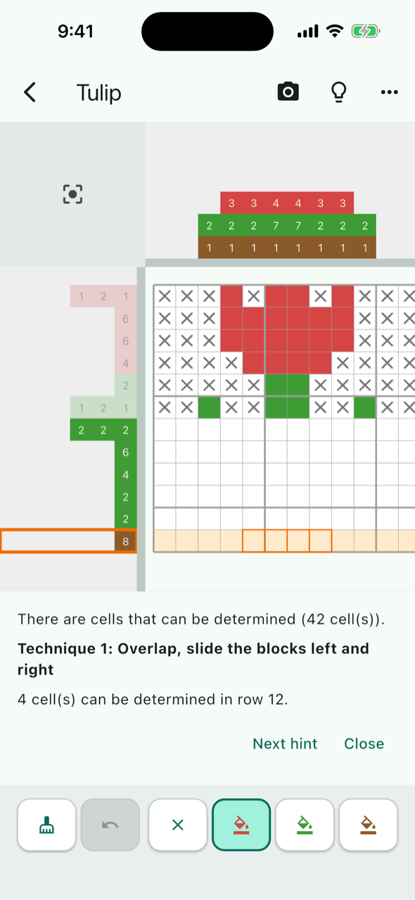 A hint in solve mode: the row that can be determined is highlighted and the technique is named at the bottom