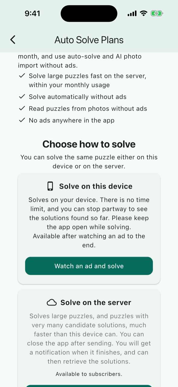 Choose how to solve: cards for Solve on this device (Watch an ad and solve) and Solve on the server (See plans)