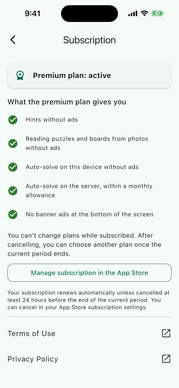 Subscription screen: status, what the premium plan gives you, and a Choose a plan button